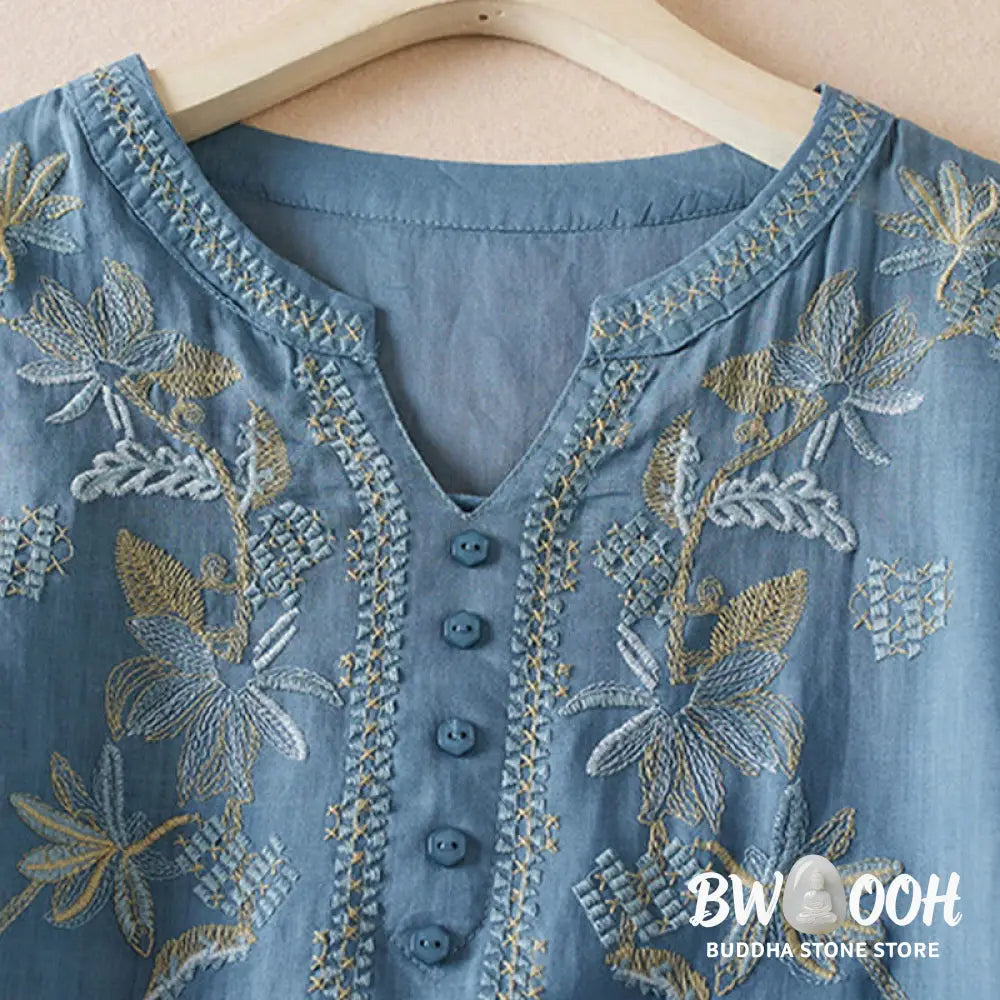 Buddha Stones Casual Embroidery Plants Women’s V-Neck Design Half Sleeve Cotton Blended Shirt - Women’s Shirts
