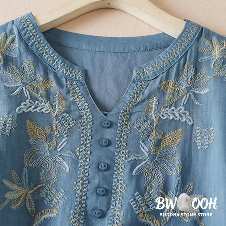 Buddha Stones Casual Embroidery Plants Women’s V-Neck Design Half Sleeve Cotton Blended Shirt - Women’s Shirts
