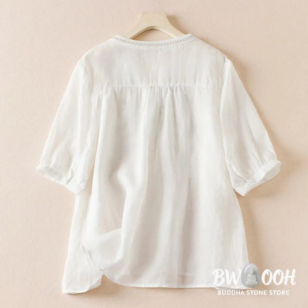 Buddha Stones Casual Embroidery Plants Women’s V-Neck Design Half Sleeve Cotton Blended Shirt - Women’s Shirts