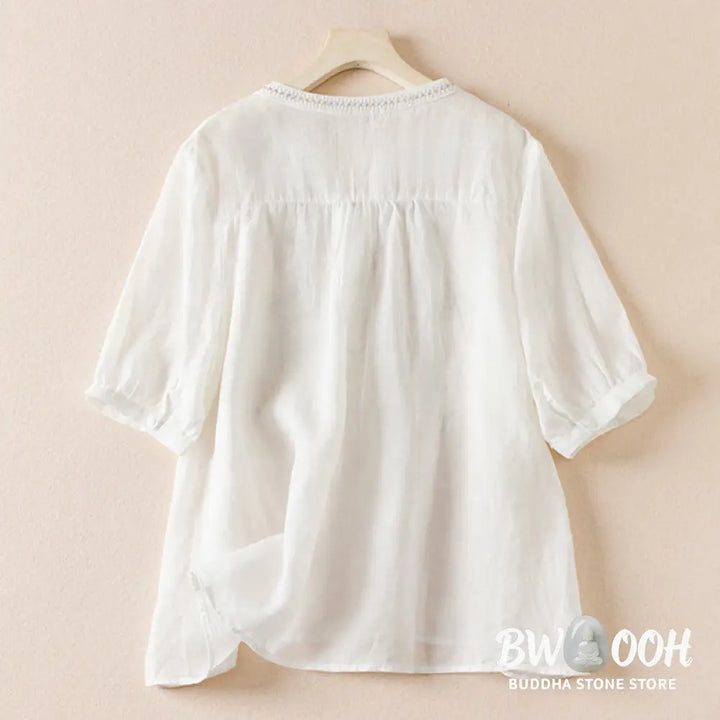 Buddha Stones Casual Embroidery Plants Women’s V-Neck Design Half Sleeve Cotton Blended Shirt - Women’s Shirts