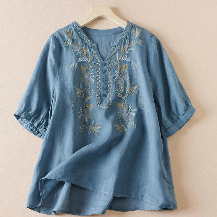 Buddha Stones Casual Embroidery Plants Women’s V-Neck Design Half Sleeve Cotton Blended Shirt - SteelBlue