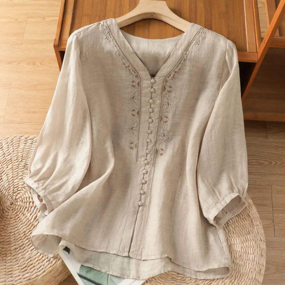 Buddha Stones Casual Embroidery Single Breasted Button Polyester Half Sleeve Women’s V-neck Shirt - Beige
