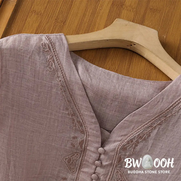 Buddha Stones Casual Embroidery Single Breasted Button Polyester Half Sleeve Women’s V-neck Shirt - Women’s Shirts