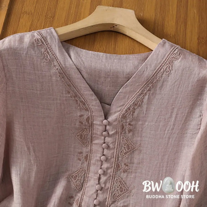 Buddha Stones Casual Embroidery Single Breasted Button Polyester Half Sleeve Women’s V-neck Shirt - Women’s Shirts