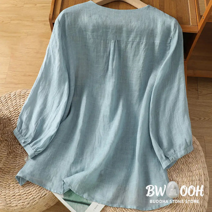 Buddha Stones Casual Embroidery Single Breasted Button Polyester Half Sleeve Women’s V-neck Shirt - Women’s Shirts