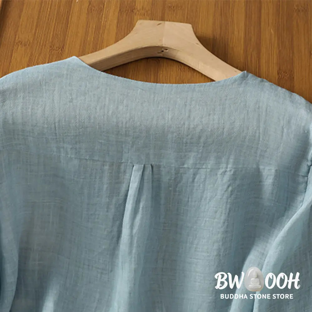 Buddha Stones Casual Embroidery Single Breasted Button Polyester Half Sleeve Women’s V-neck Shirt - Women’s Shirts