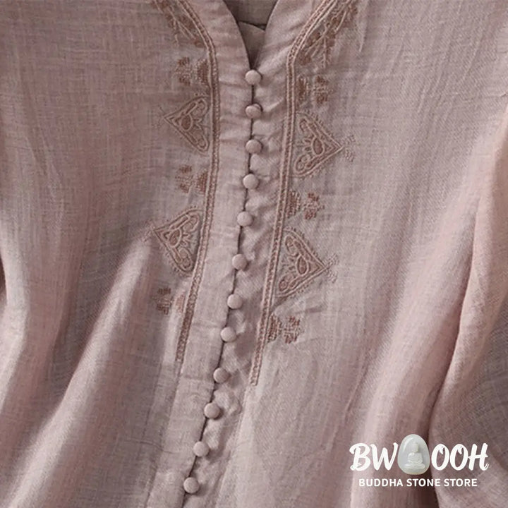 Buddha Stones Casual Embroidery Single Breasted Button Polyester Half Sleeve Women’s V-neck Shirt - Women’s Shirts