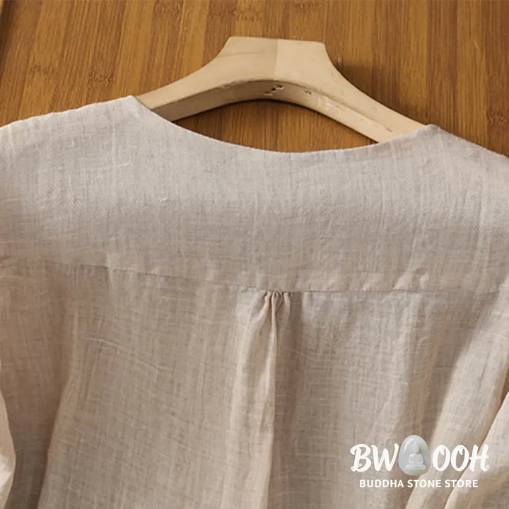 Buddha Stones Casual Embroidery Single Breasted Button Polyester Half Sleeve Women’s V-neck Shirt - Women’s Shirts