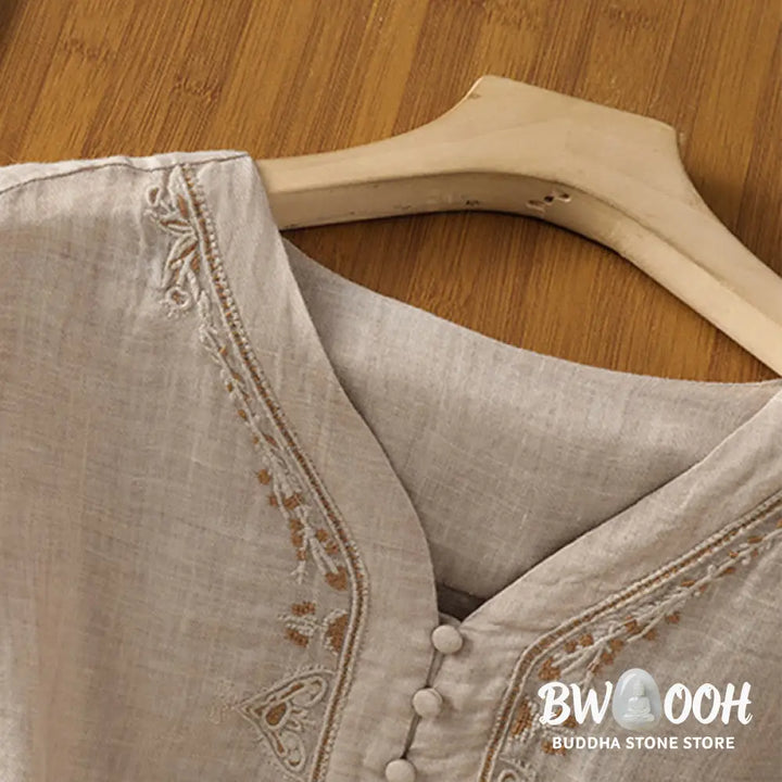 Buddha Stones Casual Embroidery Single Breasted Button Polyester Half Sleeve Women’s V-neck Shirt - Women’s Shirts