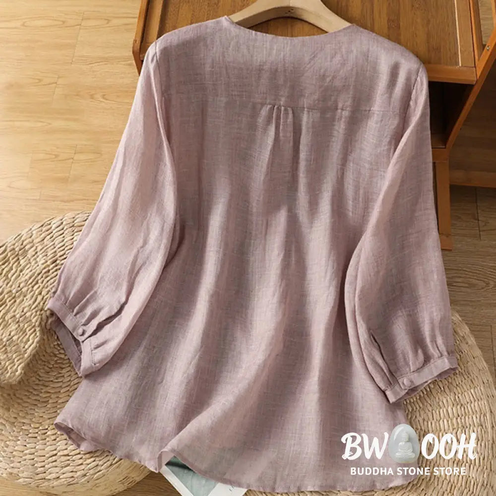 Buddha Stones Casual Embroidery Single Breasted Button Polyester Half Sleeve Women’s V-neck Shirt - Women’s Shirts