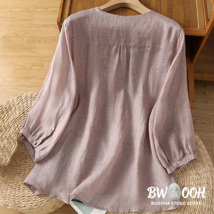 Buddha Stones Casual Embroidery Single Breasted Button Polyester Half Sleeve Women’s V-neck Shirt - Women’s Shirts