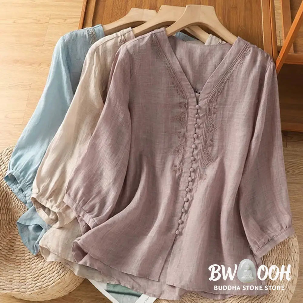 Buddha Stones Casual Embroidery Single Breasted Button Polyester Half Sleeve Women’s V-neck Shirt - Women’s Shirts