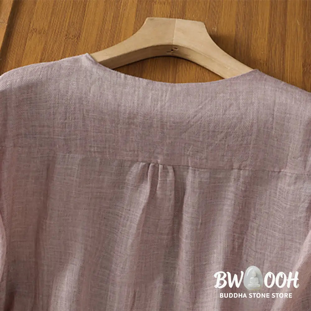 Buddha Stones Casual Embroidery Single Breasted Button Polyester Half Sleeve Women’s V-neck Shirt - Women’s Shirts