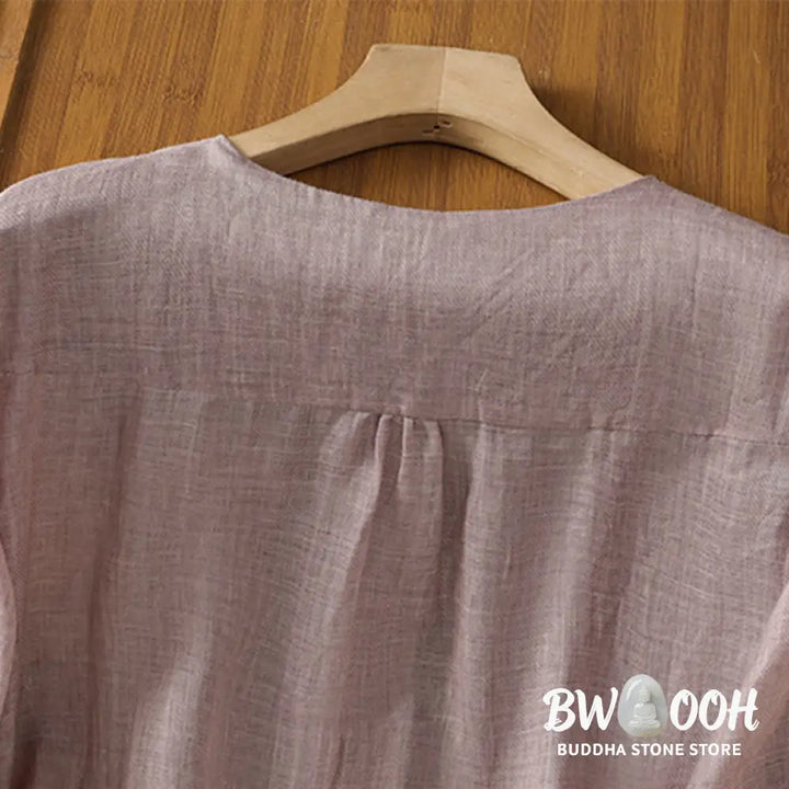 Buddha Stones Casual Embroidery Single Breasted Button Polyester Half Sleeve Women’s V-neck Shirt - Women’s Shirts