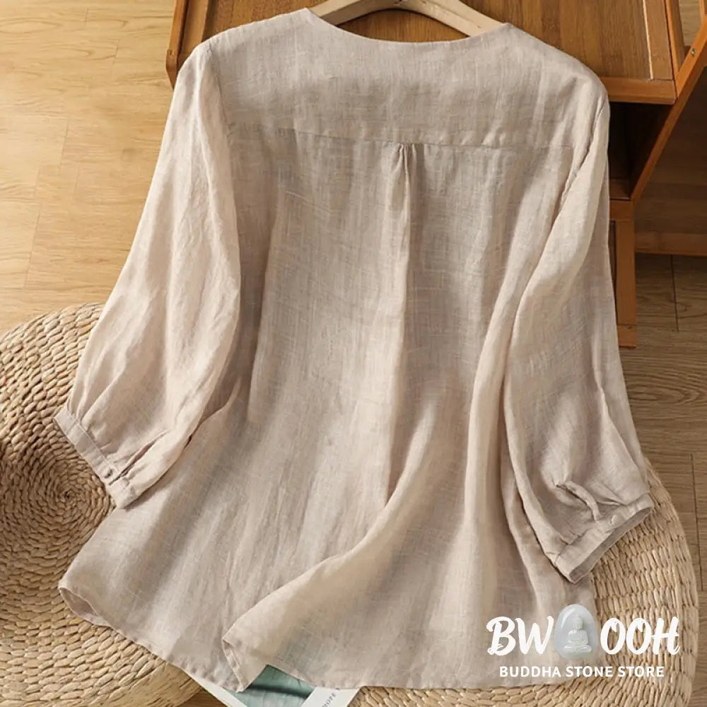 Buddha Stones Casual Embroidery Single Breasted Button Polyester Half Sleeve Women’s V-neck Shirt - Women’s Shirts