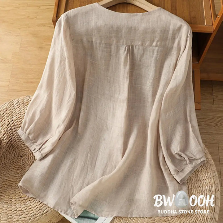 Buddha Stones Casual Embroidery Single Breasted Button Polyester Half Sleeve Women’s V-neck Shirt - Women’s Shirts