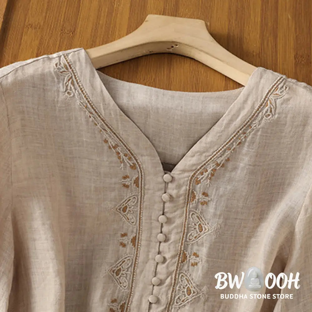 Buddha Stones Casual Embroidery Single Breasted Button Polyester Half Sleeve Women’s V-neck Shirt - Women’s Shirts