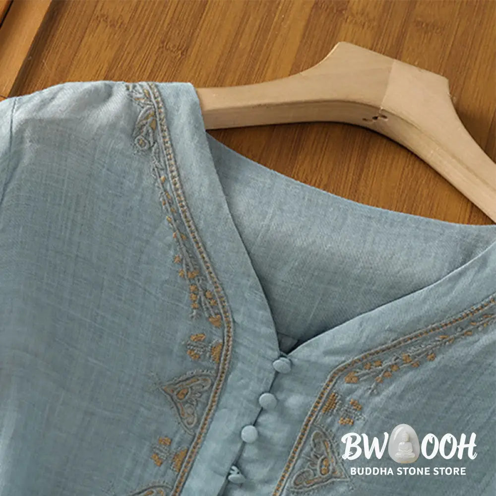 Buddha Stones Casual Embroidery Single Breasted Button Polyester Half Sleeve Women’s V-neck Shirt - Women’s Shirts