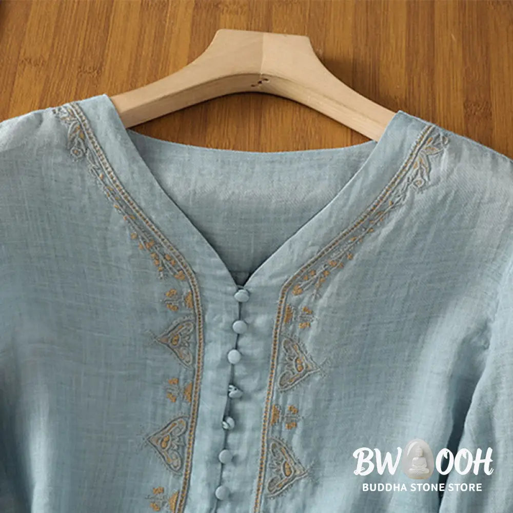 Buddha Stones Casual Embroidery Single Breasted Button Polyester Half Sleeve Women’s V-neck Shirt - Women’s Shirts