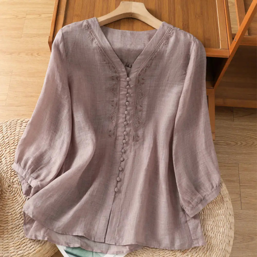 Buddha Stones Casual Embroidery Single Breasted Button Polyester Half Sleeve Women’s V-neck Shirt - Thistle