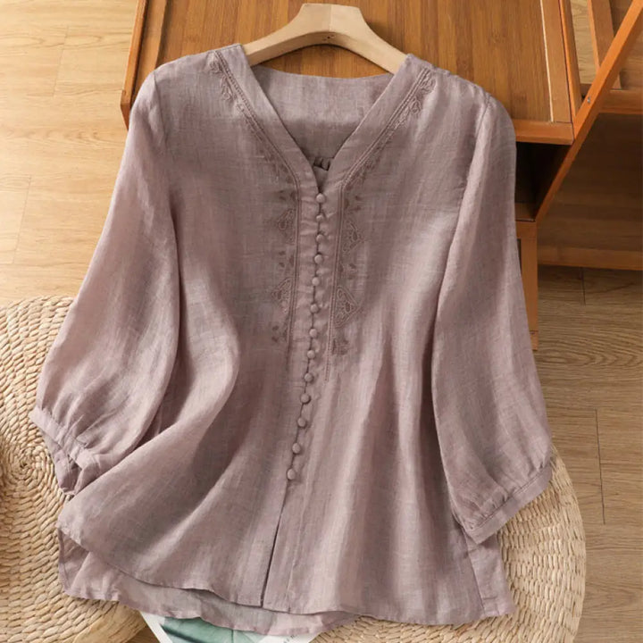 Buddha Stones Casual Embroidery Single Breasted Button Polyester Half Sleeve Women’s V-neck Shirt - Thistle