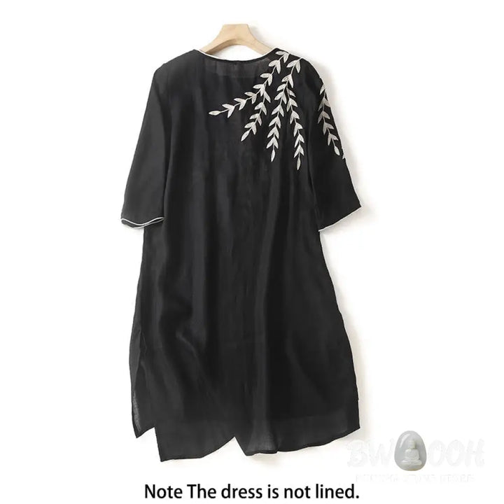 Buddha Stones Casual Embroidery Split Three Quarter Sleeve Cotton Linen Midi Dress - Midi Dress