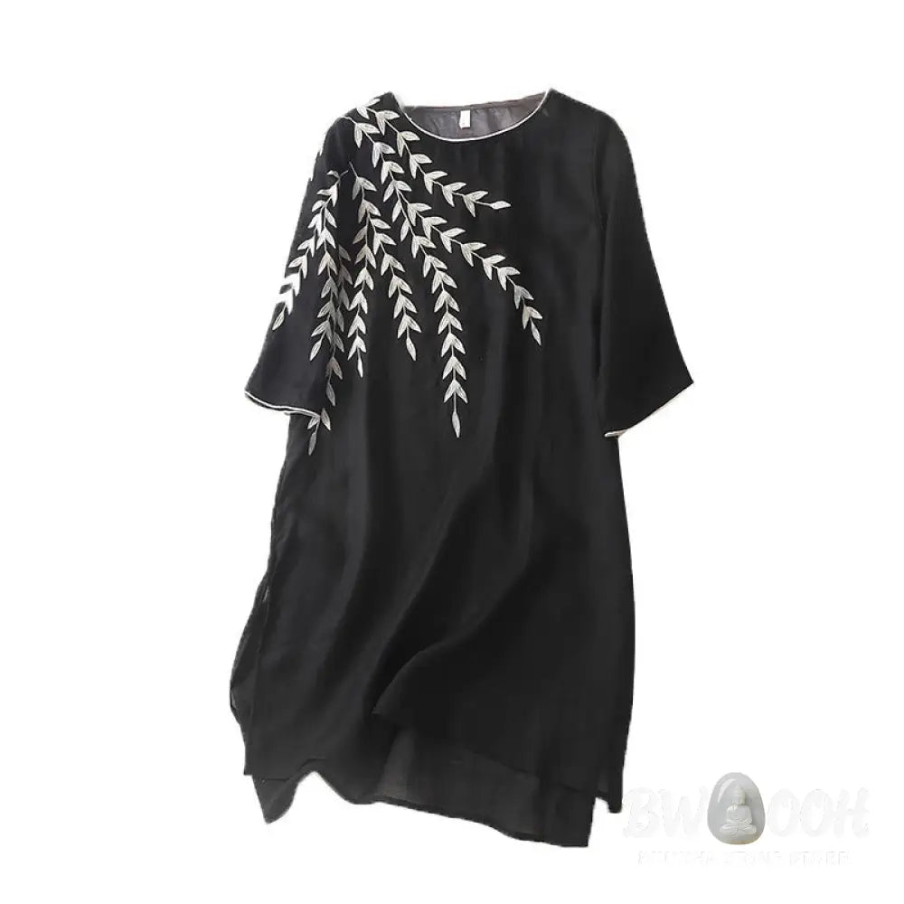 Buddha Stones Casual Embroidery Split Three Quarter Sleeve Cotton Linen Midi Dress - Midi Dress