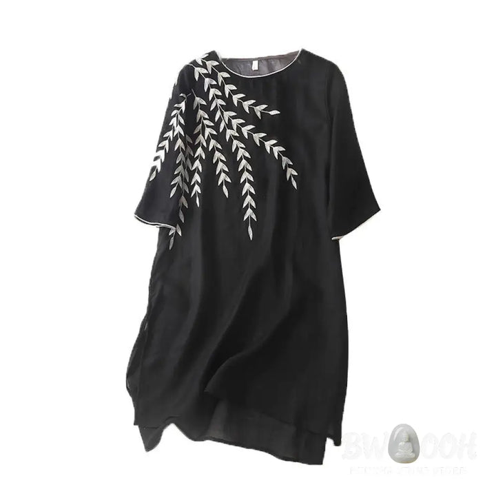 Buddha Stones Casual Embroidery Split Three Quarter Sleeve Cotton Linen Midi Dress - Midi Dress