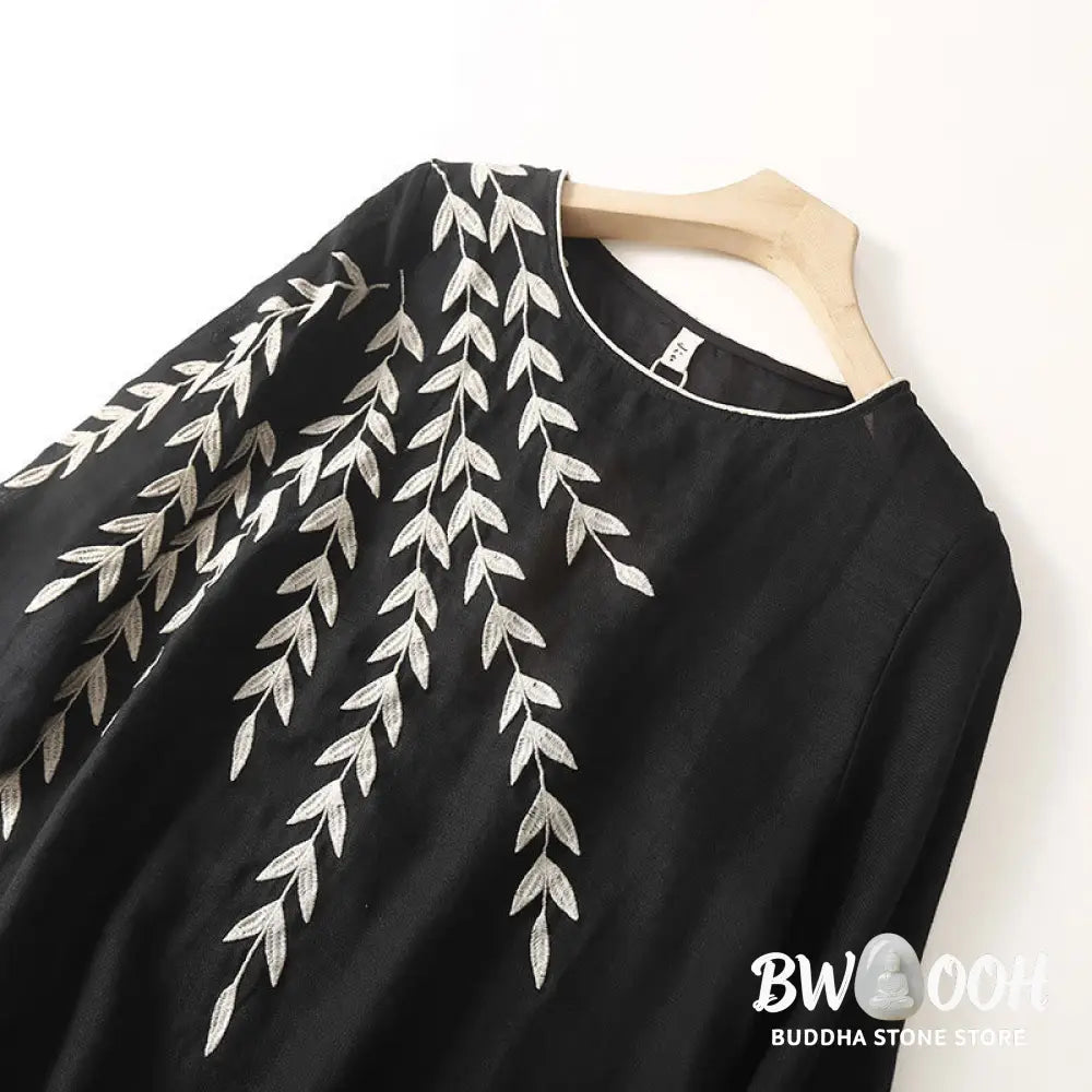 Buddha Stones Casual Embroidery Split Three Quarter Sleeve Cotton Linen Midi Dress - Midi Dress