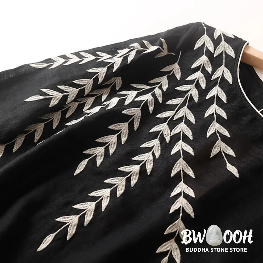 Buddha Stones Casual Embroidery Split Three Quarter Sleeve Cotton Linen Midi Dress - Midi Dress