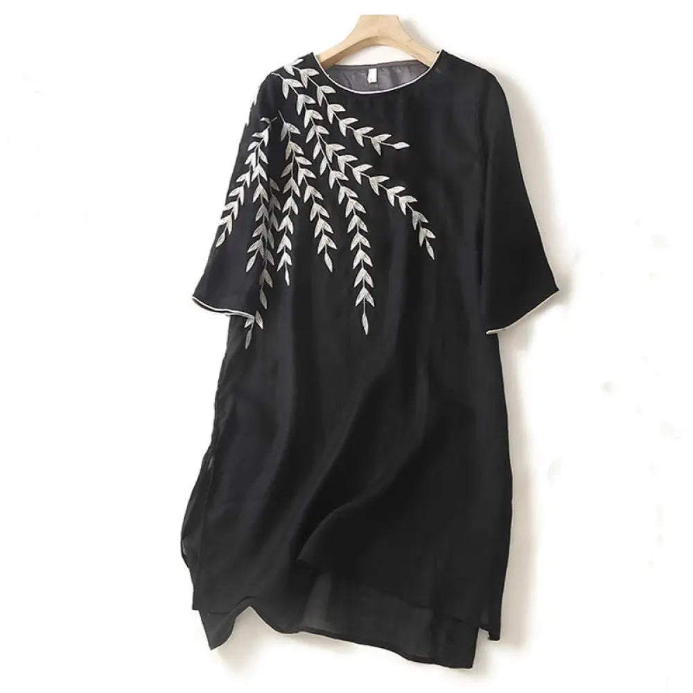 BWOOOH Casual Embroidery Split Three Quarter Sleeve Cotto