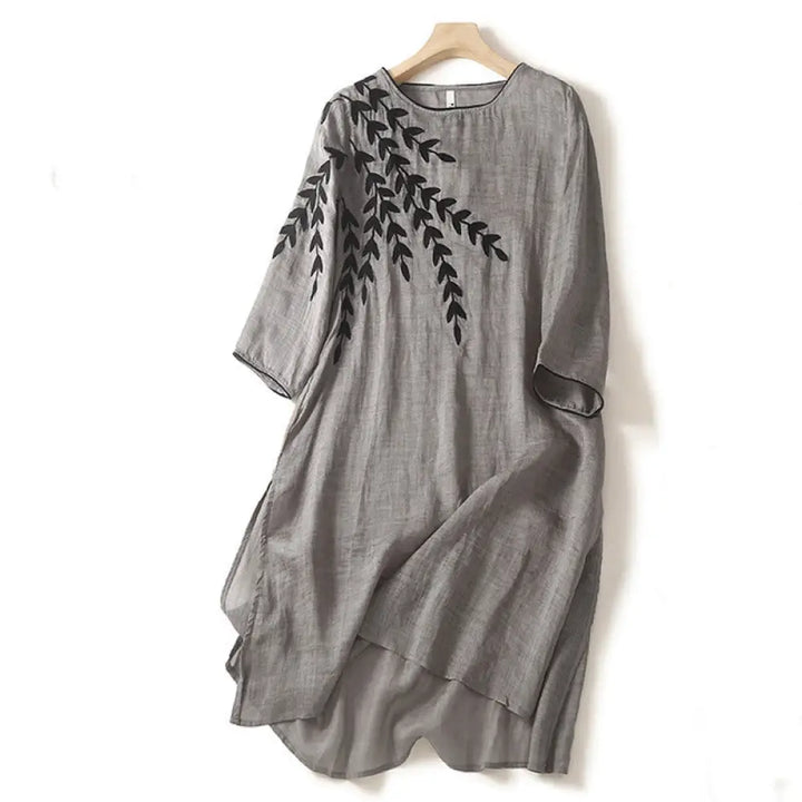 Buddha Stones Casual Embroidery Split Three Quarter Sleeve Cotton Linen Midi Dress - DarkGray / US4，UK/AU8，EU36 (L)