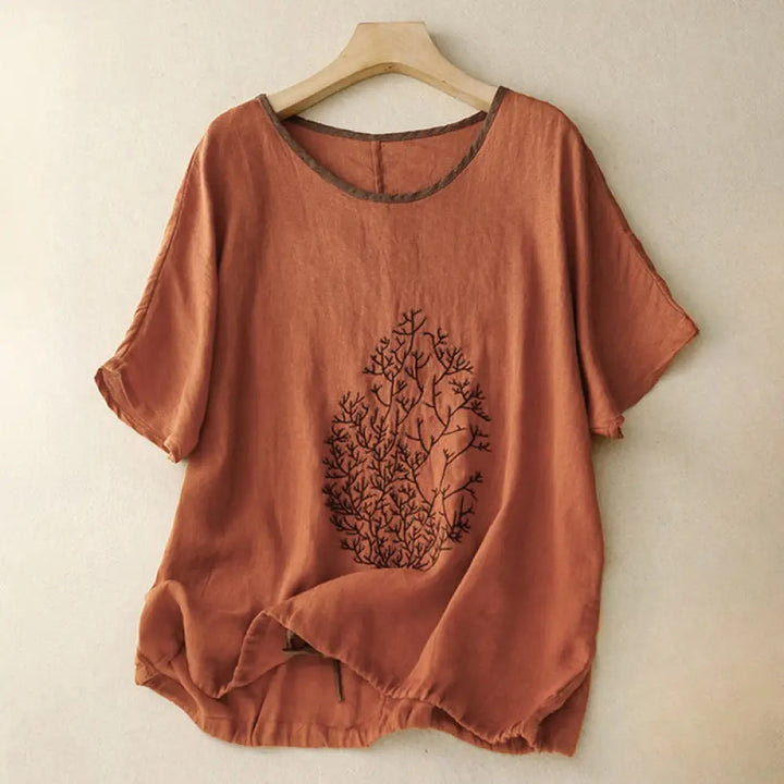 Buddha Stones Casual Embroidery Tree Drawstring Women’s Crew Neck Design Half Sleeve Cotton LinenT-Shirt - Chocolate