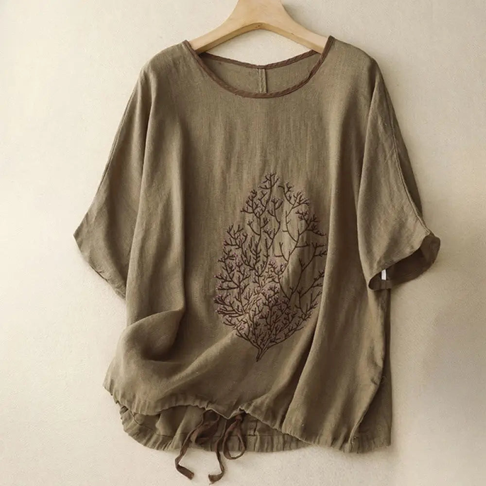 Buddha Stones Casual Embroidery Tree Drawstring Women’s Crew Neck Design Half Sleeve Cotton LinenT-Shirt - Olive