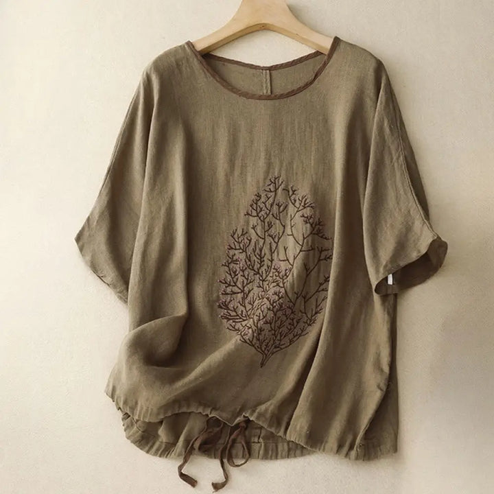 Buddha Stones Casual Embroidery Tree Drawstring Women’s Crew Neck Design Half Sleeve Cotton LinenT-Shirt - Olive