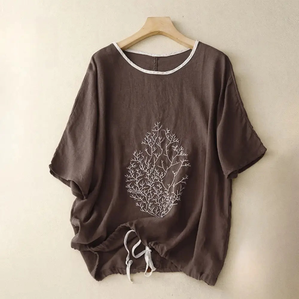 Buddha Stones Casual Embroidery Tree Drawstring Women’s Crew Neck Design Half Sleeve Cotton LinenT-Shirt - SaddleBrown