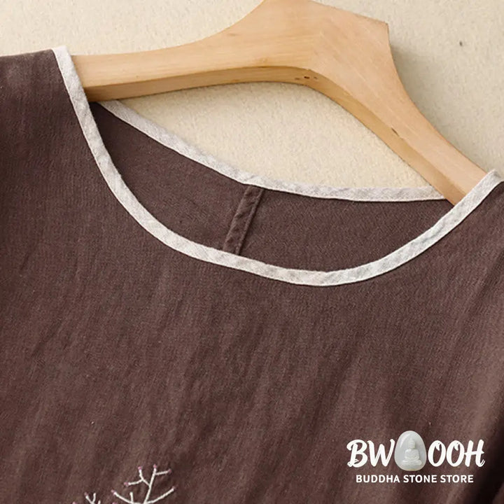 Buddha Stones Casual Embroidery Tree Drawstring Women’s Crew Neck Design Half Sleeve Cotton LinenT-Shirt - Women’s