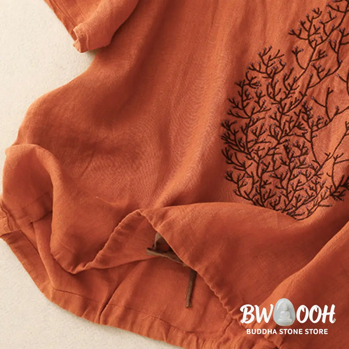 Buddha Stones Casual Embroidery Tree Drawstring Women’s Crew Neck Design Half Sleeve Cotton LinenT-Shirt - Women’s