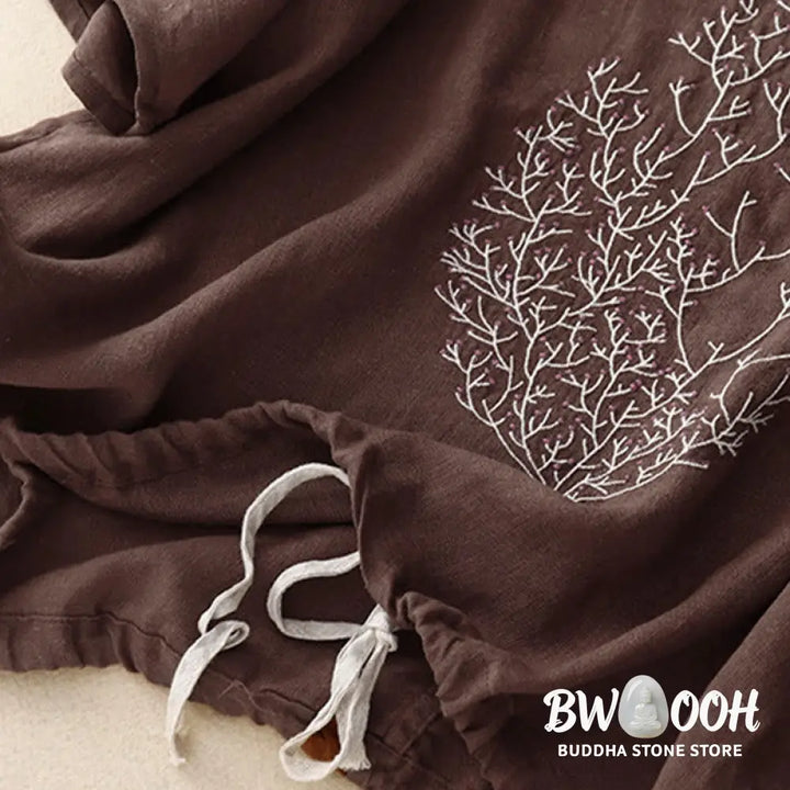 Buddha Stones Casual Embroidery Tree Drawstring Women’s Crew Neck Design Half Sleeve Cotton LinenT-Shirt - Women’s