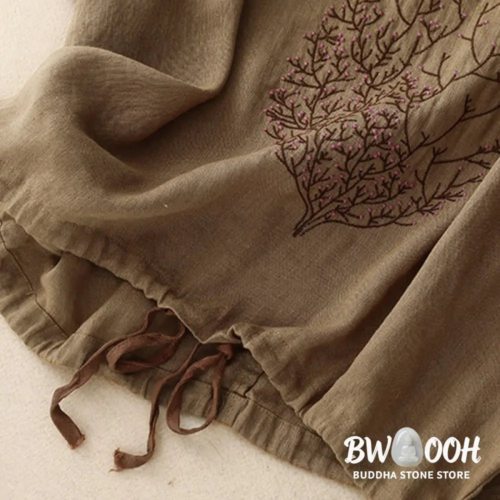 Buddha Stones Casual Embroidery Tree Drawstring Women’s Crew Neck Design Half Sleeve Cotton LinenT-Shirt - Women’s