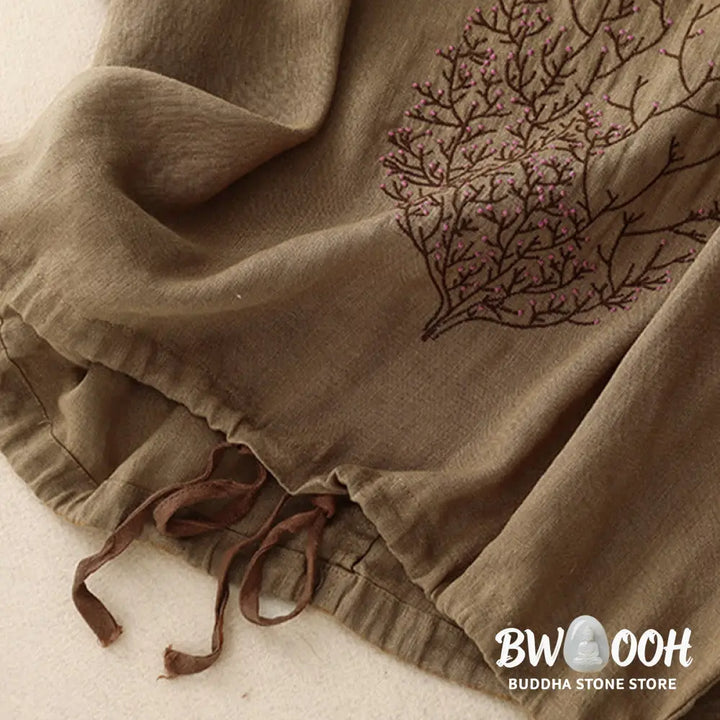 Buddha Stones Casual Embroidery Tree Drawstring Women’s Crew Neck Design Half Sleeve Cotton LinenT-Shirt - Women’s
