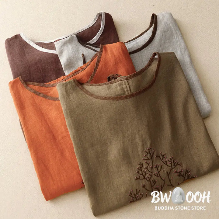 Buddha Stones Casual Embroidery Tree Drawstring Women’s Crew Neck Design Half Sleeve Cotton LinenT-Shirt - Women’s