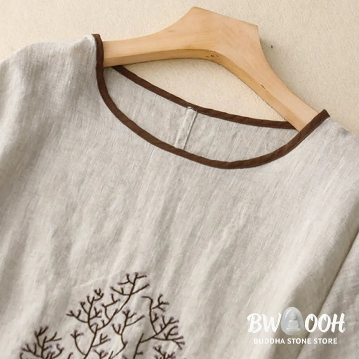 Buddha Stones Casual Embroidery Tree Drawstring Women’s Crew Neck Design Half Sleeve Cotton LinenT-Shirt - Women’s