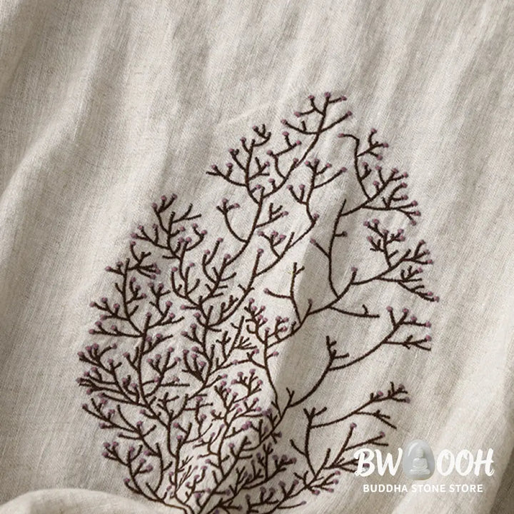 Buddha Stones Casual Embroidery Tree Drawstring Women’s Crew Neck Design Half Sleeve Cotton LinenT-Shirt - Women’s