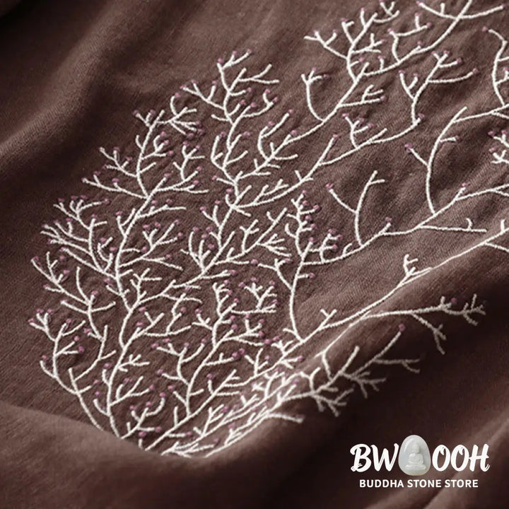 Buddha Stones Casual Embroidery Tree Drawstring Women’s Crew Neck Design Half Sleeve Cotton LinenT-Shirt - Women’s