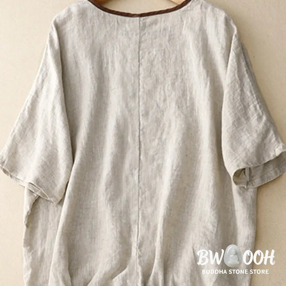 Buddha Stones Casual Embroidery Tree Drawstring Women’s Crew Neck Design Half Sleeve Cotton LinenT-Shirt - Women’s
