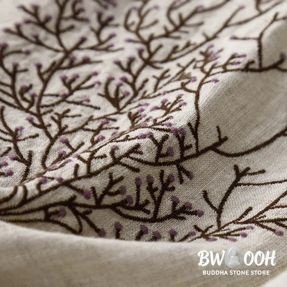 Buddha Stones Casual Embroidery Tree Drawstring Women’s Crew Neck Design Half Sleeve Cotton LinenT-Shirt - Women’s