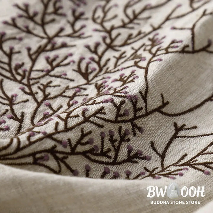 Buddha Stones Casual Embroidery Tree Drawstring Women’s Crew Neck Design Half Sleeve Cotton LinenT-Shirt - Women’s
