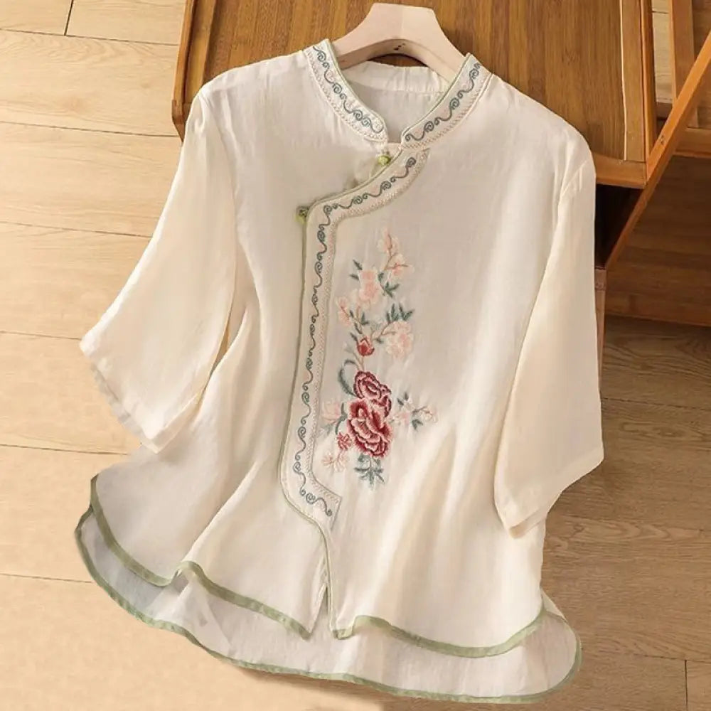 Buddha Stones Casual Ethnic Style Embroidery Flower Pattern Frog-Button Stand Collar Women’s Cotton Linen Shirt - Beige