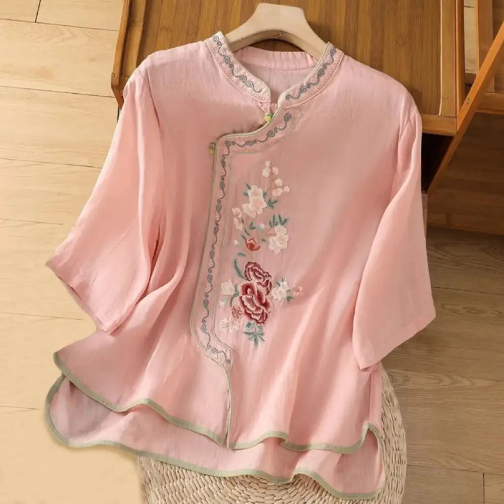 Buddha Stones Casual Ethnic Style Embroidery Flower Pattern Frog-Button Stand Collar Women’s Cotton Linen Shirt